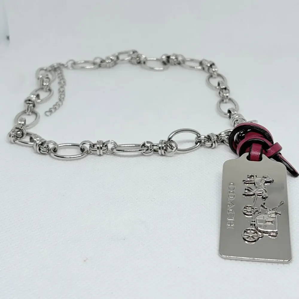 Coach Silver Hang Tag Pendant Necklace w/Red Leather Fob Silver Chain 18 Inch - Picture 8 of 9